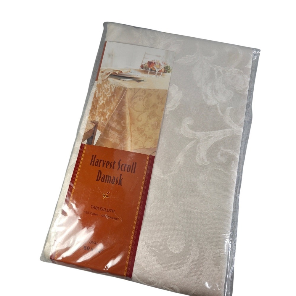 Harvest Scroll Damask Tablecloth Cream Oval 60 x 84 Elegant Tone on Tone New